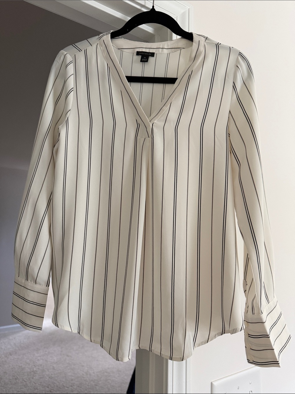 Ann Taylor Cream Blouse with Black Pinstripes